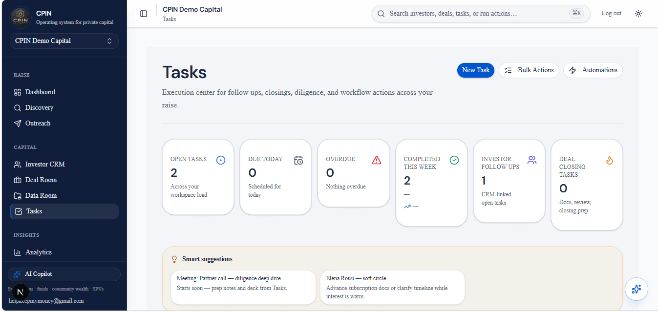 Tasks and execution workflows in CPIN